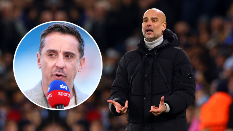 Pep Guardiola looking dejected with an inset of Gary Neville