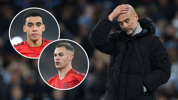 Pep Guardiola looking disappointed with two insets of Jamal Musiala and Joshua Kimmich