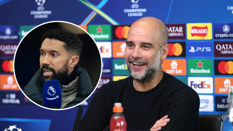 Pep Guardiola looking happy with an inset of Gael Clichy