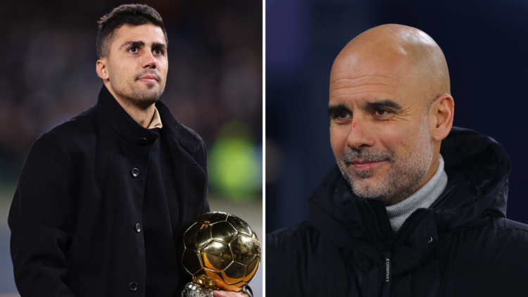 Pep Guardiola looking smug and Rodri holding the Ballon d'Or trophy