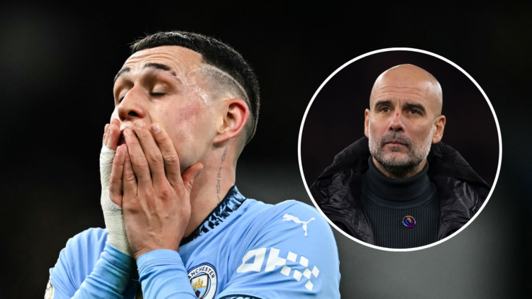 Phil Foden playing for Man City looking concerned dejected with an inset of Pep Guardiola
