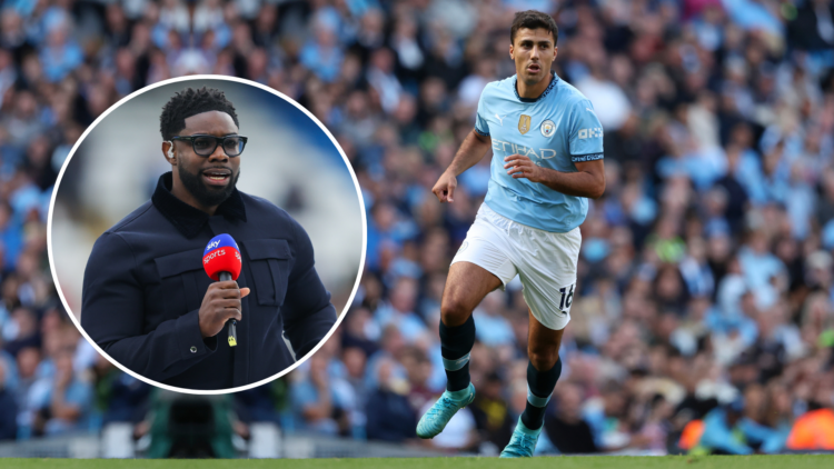 Rodri in action for Man City with an inset of Micah Richards