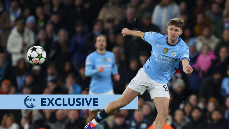 James McAtee playing for Man City, with a Manchester City News exclusive banner
