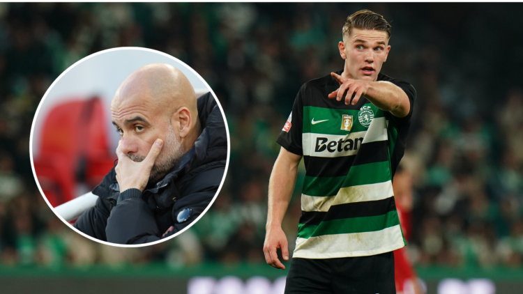 Viktor Gyokeres with an inset of Pep Guardiola looking disappointed
