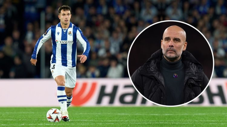 Martin Zubimendi of Real Sociedad controls the ball during the UEFA Europa League 2024/25 League Phase MD5 match. Inset, Pep Guardiola.