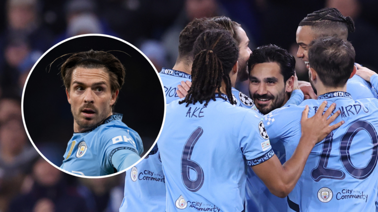 Manchester City players (including Gundogan) with an inset of Jack Grealish