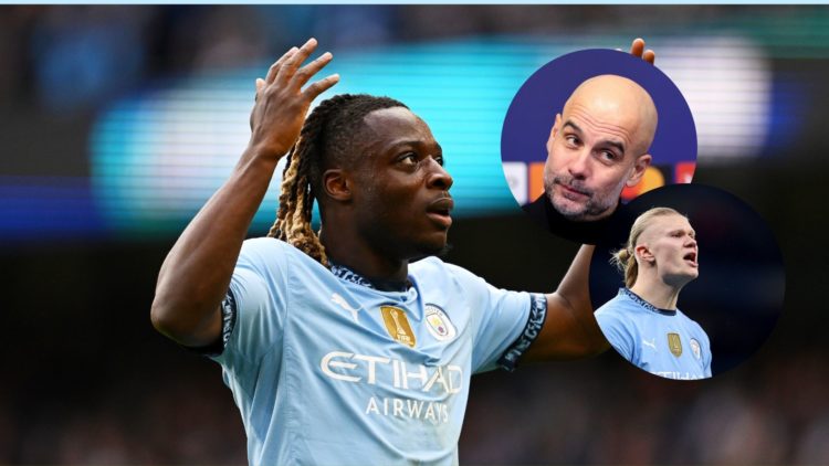 Manchester City winger Jeremy Doku looks frustrated, with insets of Pep Guardiola and Erling Haaland