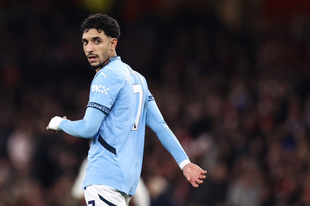 Omar Marmoush in action during Arsenal v Manchester City