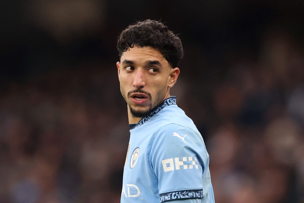 Omar Marmoush in action for Manchester City against Newcastle in the Premier League.