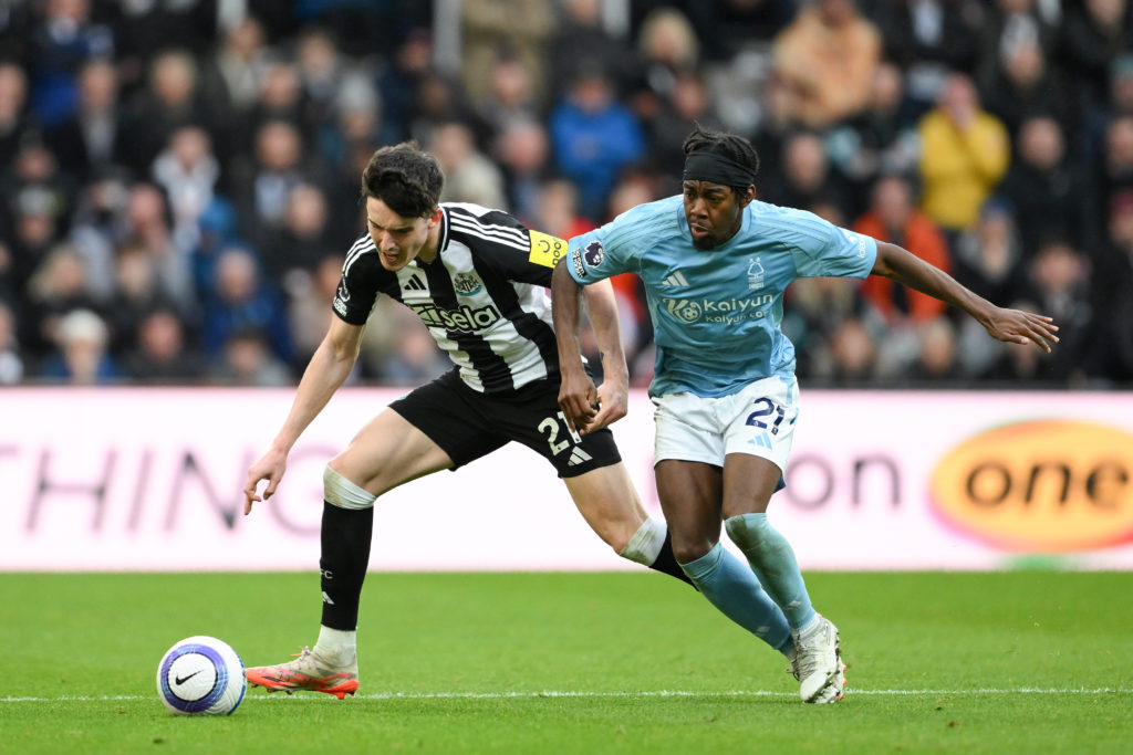 Newcastle United FC defender Tino Livramento in action against Nottingham Forest