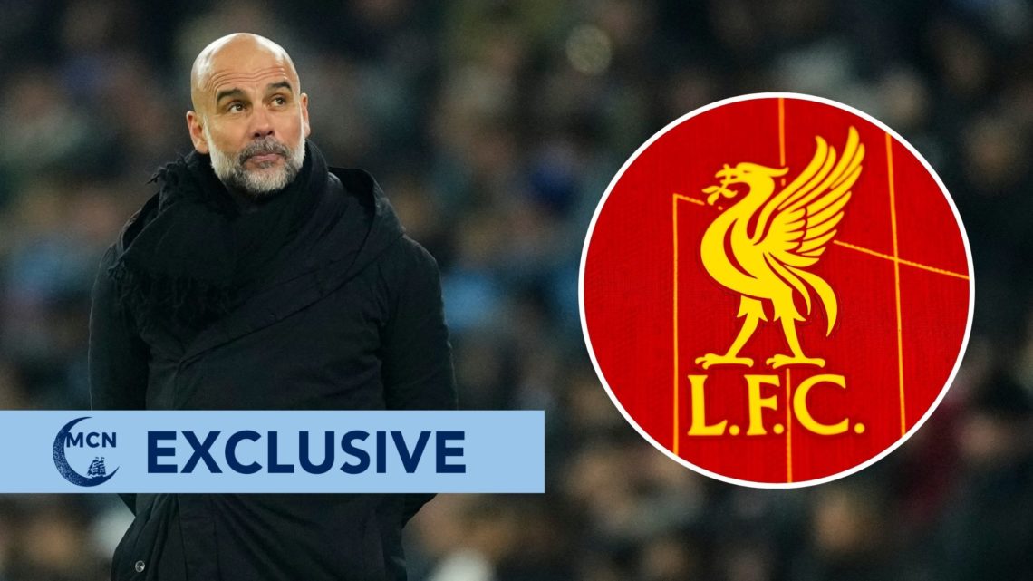 Pep Guardiola. Inset, the Liverpool badge.