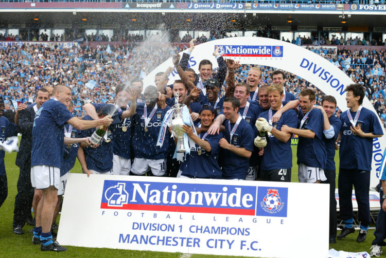 21 Apr 2002:  Man City team celebrate winning the First Division Championship after the Nationwide First Division game between Manchester City and ...