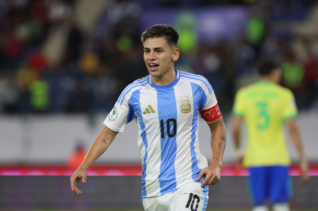 Claudio Echeverri celebrates after scoring from the penalty spot during the 2025 South American U-20 football championship final round match between Brazil and Argentina at the Brígido Iriarte stadium in Caracas on February 13, 2025.