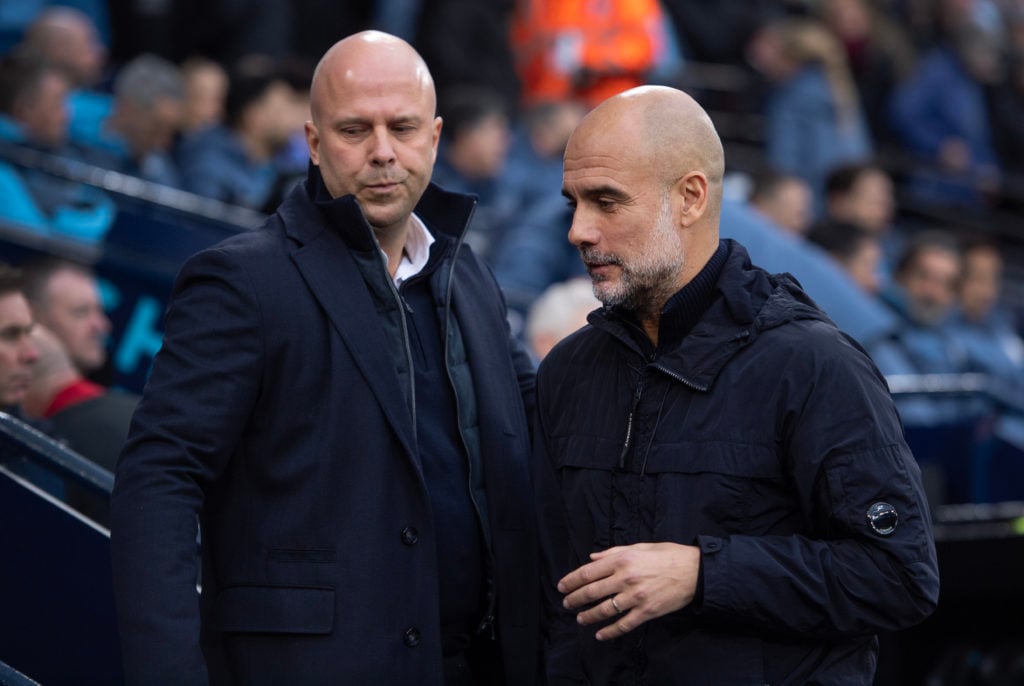 Pep Guardiola and Arne Slot meeting before Manchester City v Liverpool FC