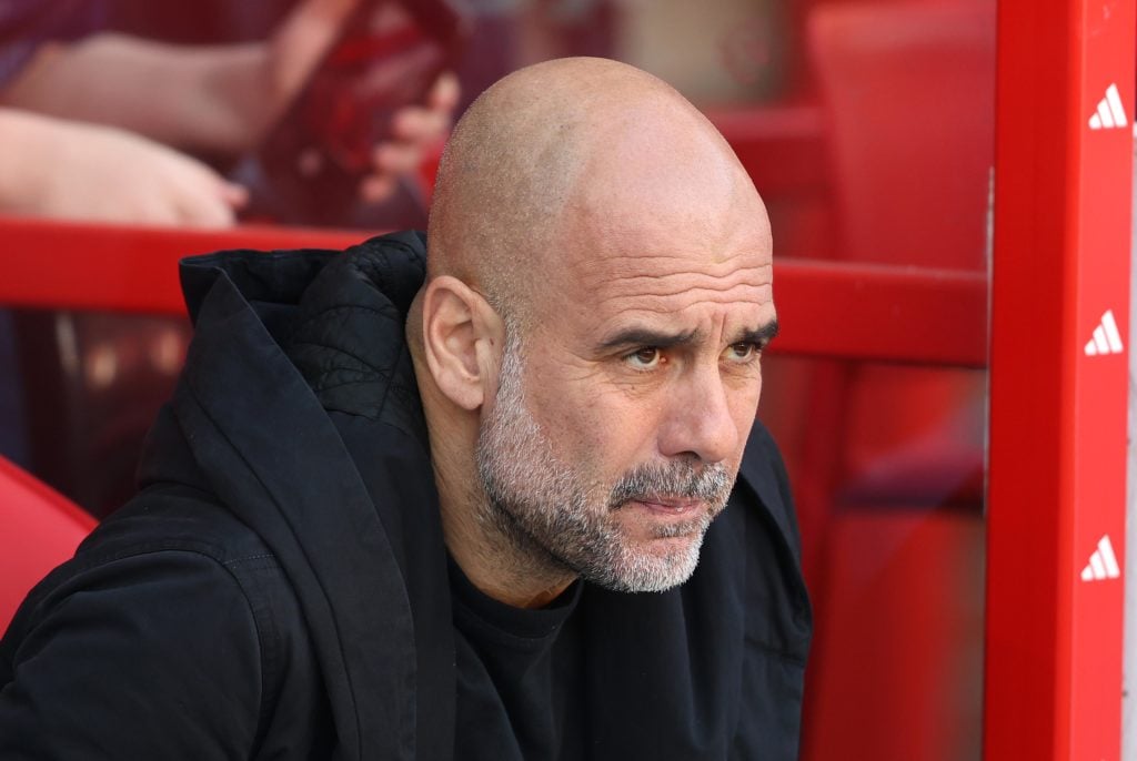 Pep Guardiola on the bench during Nottingham Forest v Manchester City