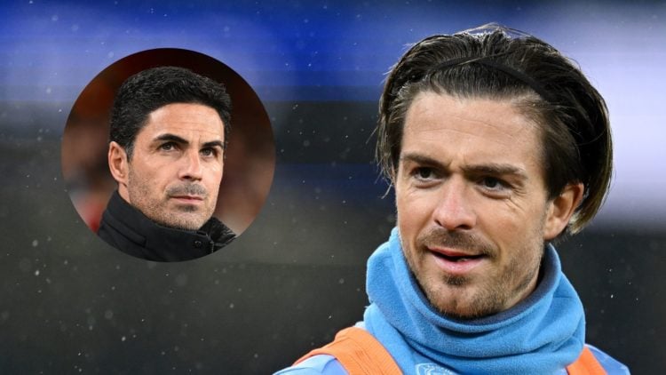 Jack Grealish of Manchester City looks on as he warms up. Mikel Arteta, Manager of Arsenal, looks on prior to the Carabao Cup Third Round match bet...