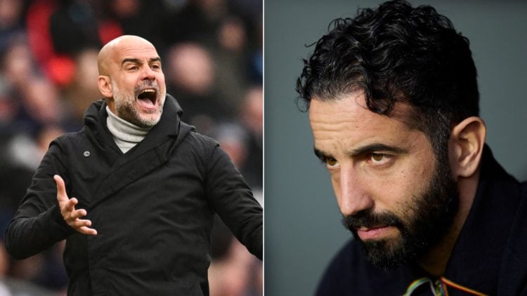 Split image of Manchester City manager Pep Guardiola, left, and Manchester United manager Ruben Amorim, right.
