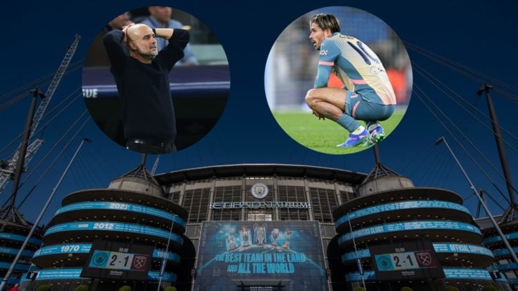 Manchester City's Etihad Stadium with insets of Manchester City manager Pep Guardiola and Manchester City star Jack Grealish