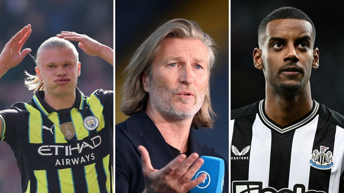 Manchester City striker Erling Haaland looks perplexed, left. Robbie Savage, centre. Newcastle United striker Alexander Isak, right.