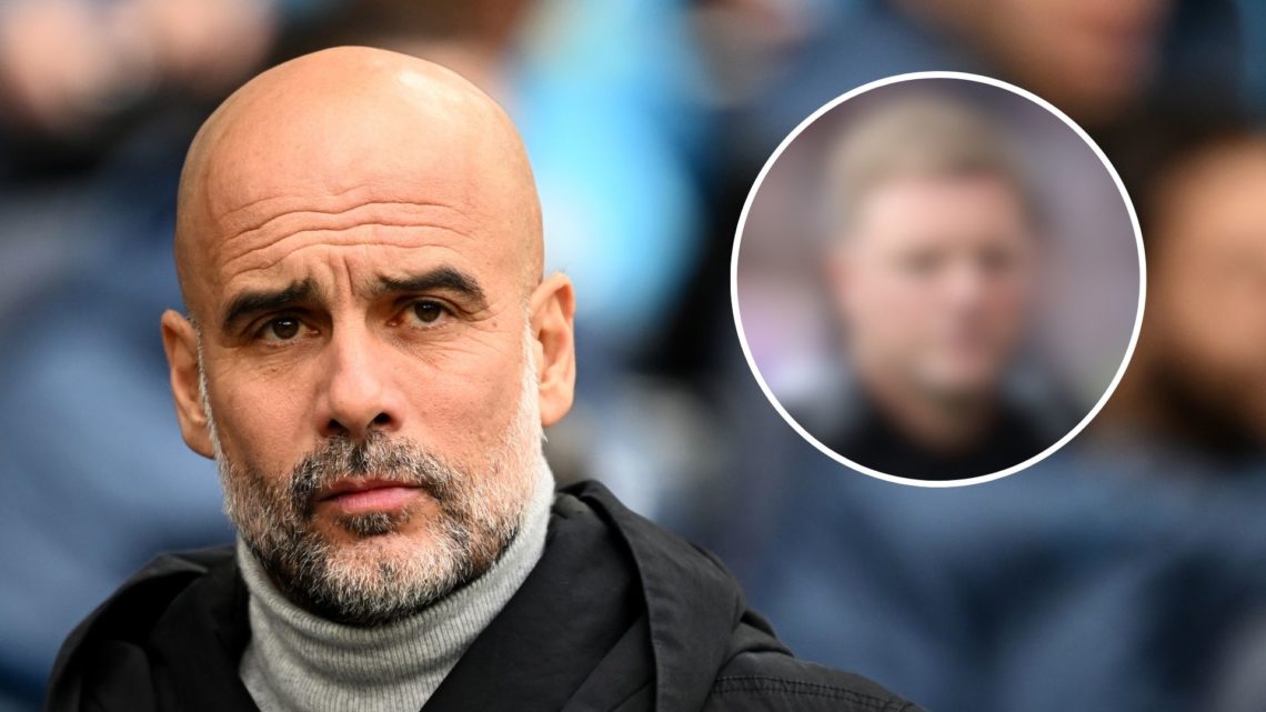 Manchester City manager Pep Guardiola during the Premier League match between Manchester City FC and Brighton. Inset blurred out Eddie Howe, Manage...
