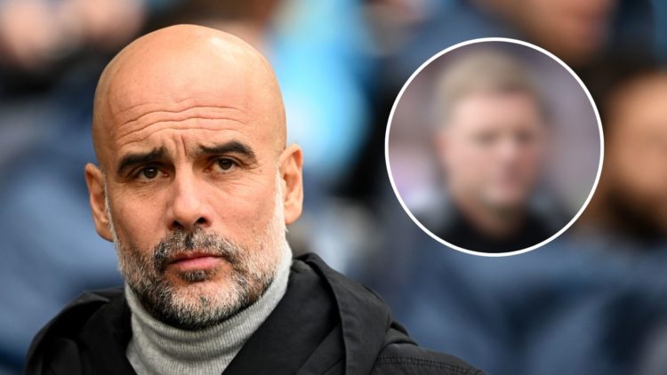 Manchester City manager Pep Guardiola during the Premier League match between Manchester City FC and Brighton. Inset blurred out Eddie Howe, Manage...