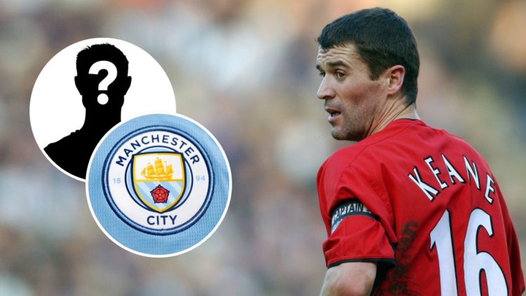 Image of Roy Keane in action during the FA Barclaycard Premiership match against West Bromwich Albion with an inset of the Manchester City badge an...
