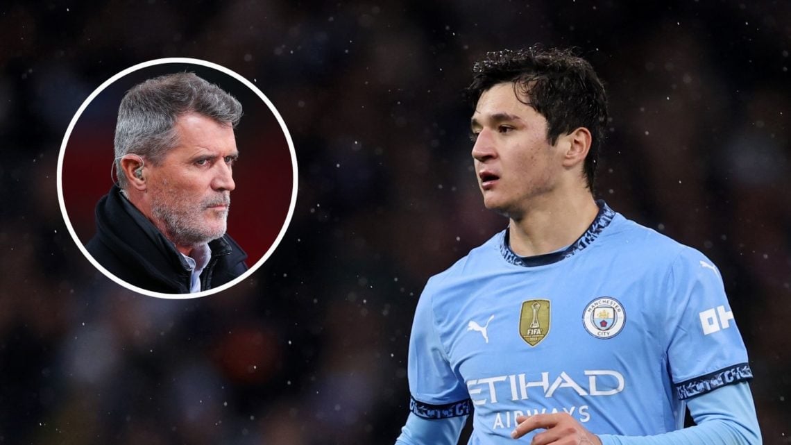 Abdukodir Khusanov of Manchester City during the Premier League match between Manchester City FC and Liverpool FC at Etihad Stadium. Inset, pundit ...