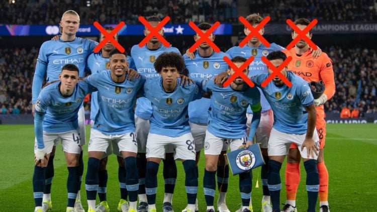 The Manchester City team, back row l-r, Erling Haaland, Nathan Ake, Manuel Akanji, Matheus Nunes, John Stones, Stefan Ortega, front row l-r, Phil F...