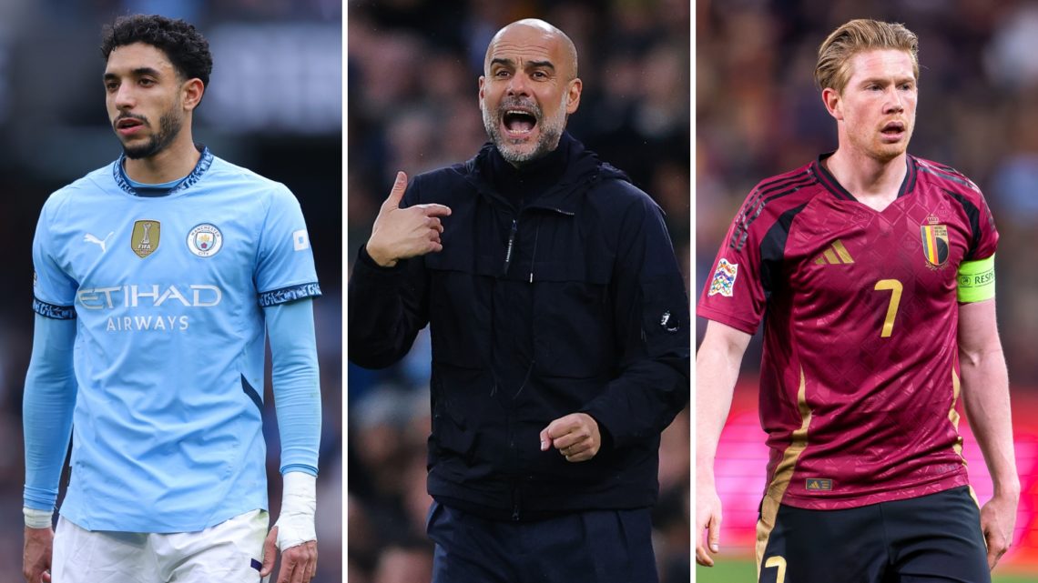 A split image featuring Omar Marmoush on the left, Pep Guardiola in the center, and Kevin De Bruyne on the right.