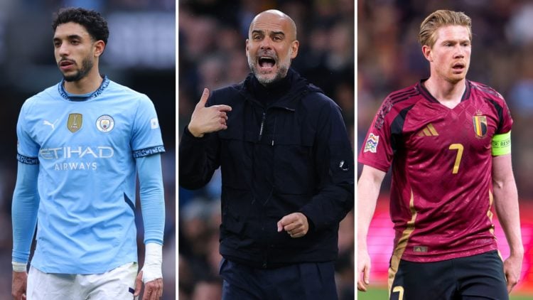 A split image featuring Omar Marmoush on the left, Pep Guardiola in the center, and Kevin De Bruyne on the right.