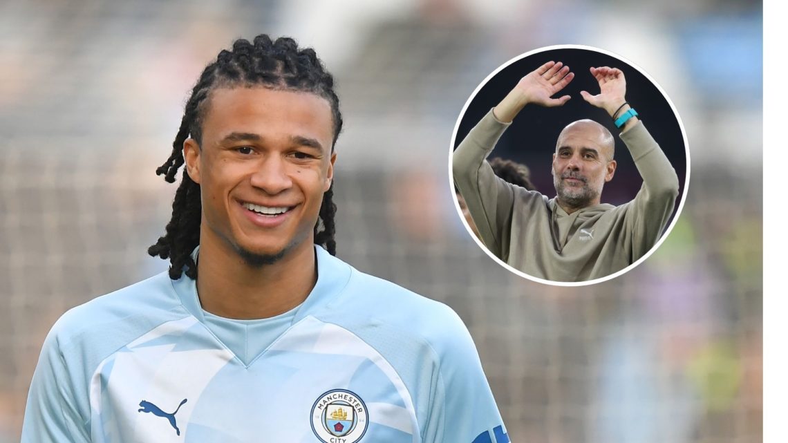 Manchester City's Nathan Ake during the Emirates FA Cup Third Round match between Manchester City and Huddersfield Town. Inset Pep Guardiola, Manag...