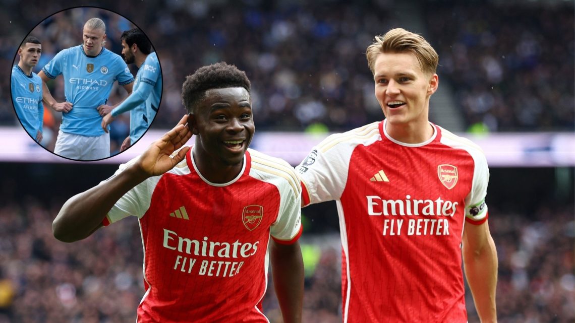 Arsenal duo Martin Odegaard and Bukayo Saka main image. Manchester City trio Erling Haaland, Phil Foden and Ilkay Gundogan, inset.