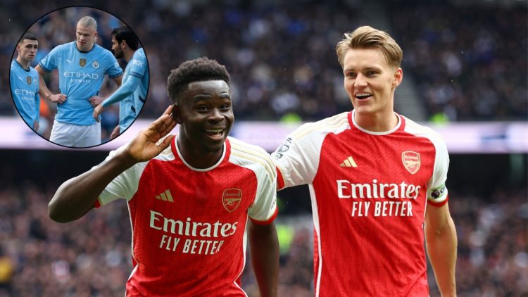Arsenal duo Martin Odegaard and Bukayo Saka main image. Manchester City trio Erling Haaland, Phil Foden and Ilkay Gundogan, inset.