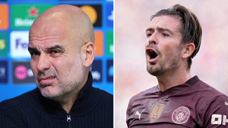 Split Image of Manchester City manager Pep Guardiola speaks to the media during the UEFA Champions League, and Jack Grealish #10 of Manchester City...
