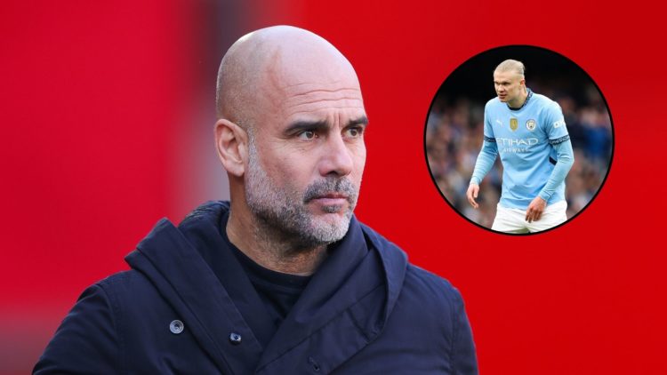 Manchester City manager Pep Guardiola, main image. Manchester City striker Erling Haaland, inset.