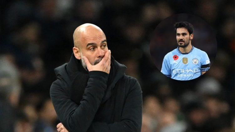 Manchester City manager Pep Guardiola looks pensive, with Ilkay Gundogan (inset)