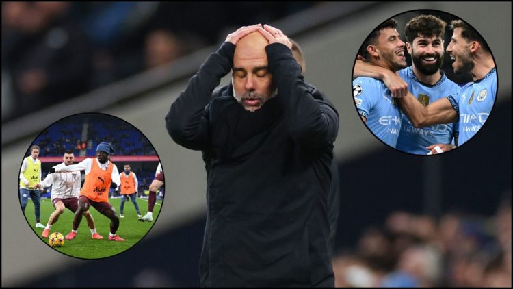 Manchester City manager Pep Guardiola, main image. Manchester City star Mateo Kovacic warming up alongside Jeremy Doku, inset bottom left. Manchest...