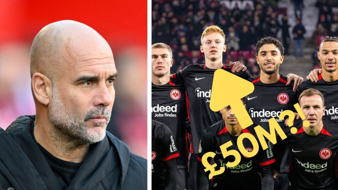 Pep Guardiola is the manager of Manchester City. Inset Hugo Larsson and Omar Marmoush of Eintracht Frankfurt look on during the DFB Cup round of 16...