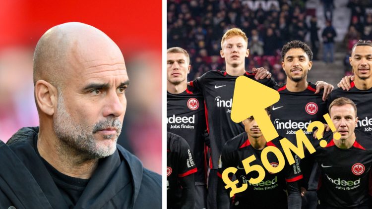 Pep Guardiola is the manager of Manchester City. Inset Hugo Larsson and Omar Marmoush of Eintracht Frankfurt look on during the DFB Cup round of 16...