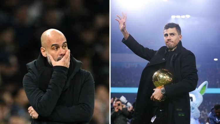 Manchester City manager Pep Guardiola (L) and Manchester City star Rodri (R)