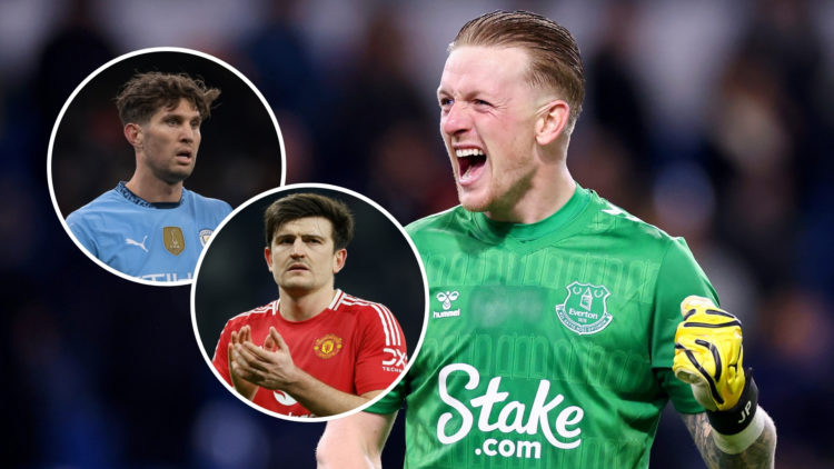 Image of Everton's Jordan Pickford celebrates against Burnley with insets of John Stones playing for Manchester City and Harry Maguire playing for ...