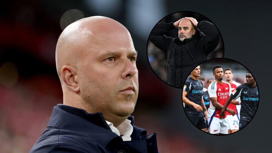 Liverpool manager Arne Slot, main image. Manchester City boss Pep Guardiola looks dejected, inset top. Bayer Leverkusen star Jeremie Frimpong with ...