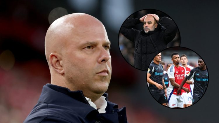 Liverpool manager Arne Slot, main image. Manchester City boss Pep Guardiola looks dejected, inset top. Bayer Leverkusen star Jeremie Frimpong with ...