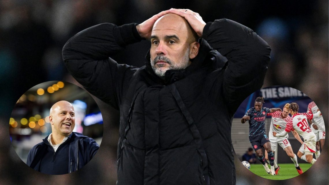 Manchester City manager Pep Guardiola looks forlorn, Liverpool boss Arne Slot smiling (inset left) and RB Leipzig ace Xavi Simons playing against M...