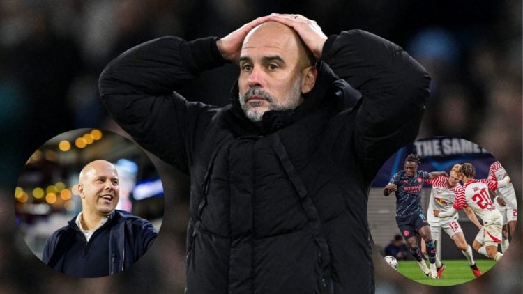 Manchester City manager Pep Guardiola looks forlorn, Liverpool boss Arne Slot smiling (inset left) and RB Leipzig ace Xavi Simons playing against M...
