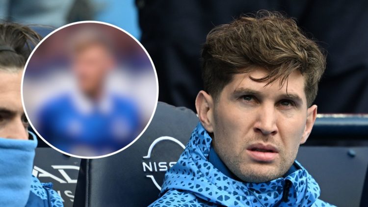 John Stones of Manchester City looks on from the dugout.Inset Jarrad Branthwaite of Everton during the Premier League match between Everton FC and ...