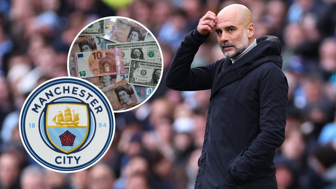 An image of a frustrated Pep Guardiola, with two insets: one featuring a money-related symbol and the other displaying the Manchester City badge.