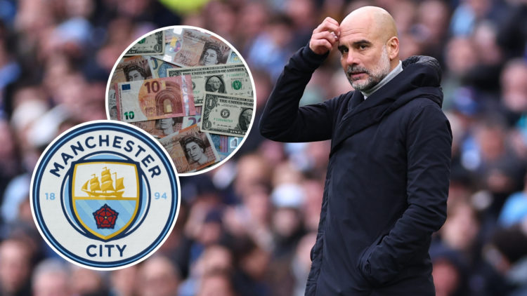 An image of a frustrated Pep Guardiola, with two insets: one featuring a money-related symbol and the other displaying the Manchester City badge.