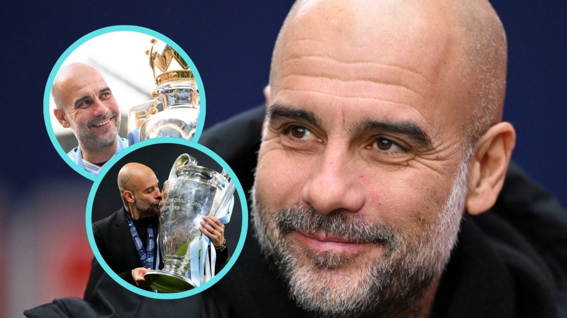 A collage of Pep Guardiola with insets of him holding the Premier League trophy and kissing the Champions League trophy.
