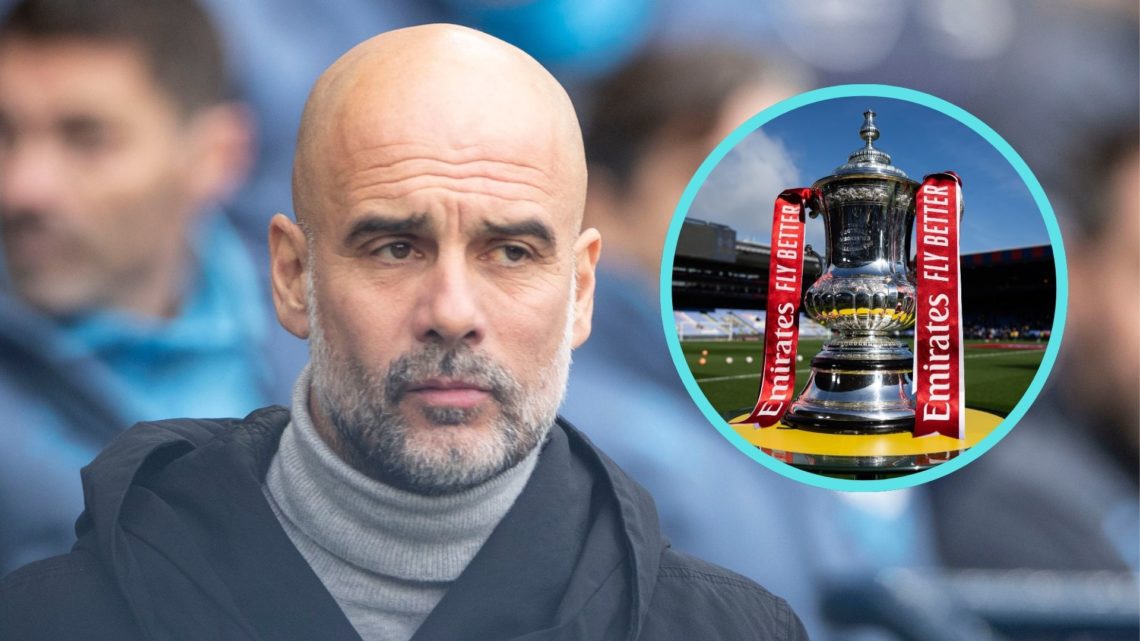Man City manager Pep Guardiola. Inset: FA Cup trophy.